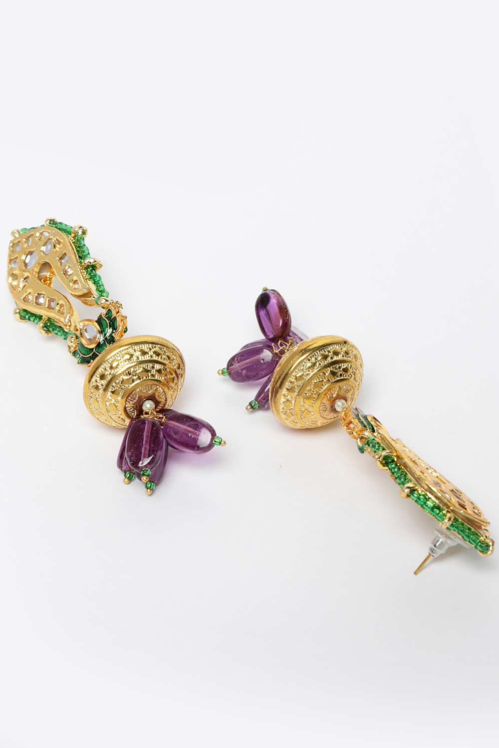 Buy Rukia Purple & Green Gold-Plated Kundan with Pearls Chandbali Earrings Online - Back