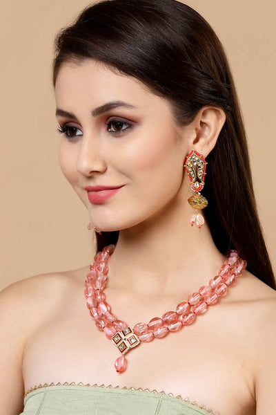 Buy Deepal Pink & Red Gold-Plated Kundan withPearls Chandbali Earrings Online