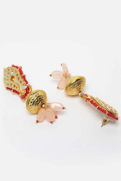 Buy Deepal Pink & Red Gold-Plated Kundan withPearls Chandbali Earrings Online - Back