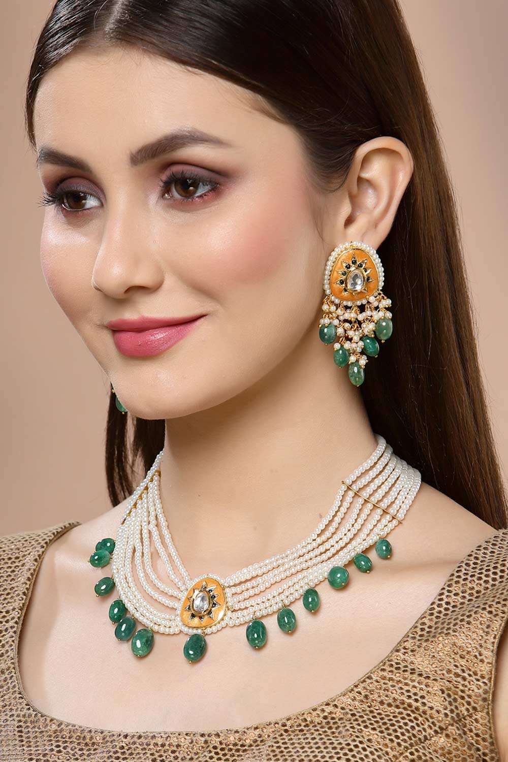 Buy Phebe Orange & Green Gold-Plated Kundan with Pearls Chandbali Earrings Online