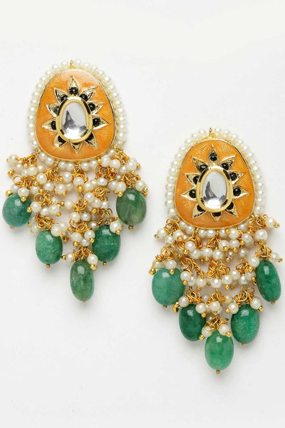 Shop Phebe Orange & Green Gold-Plated Kundan with Pearls Chandbali Earrings at best offer at our  Store - One Minute Saree