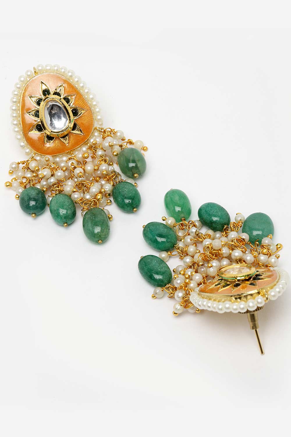 Buy Phebe Orange & Green Gold-Plated Kundan with Pearls Chandbali Earrings Online - Back