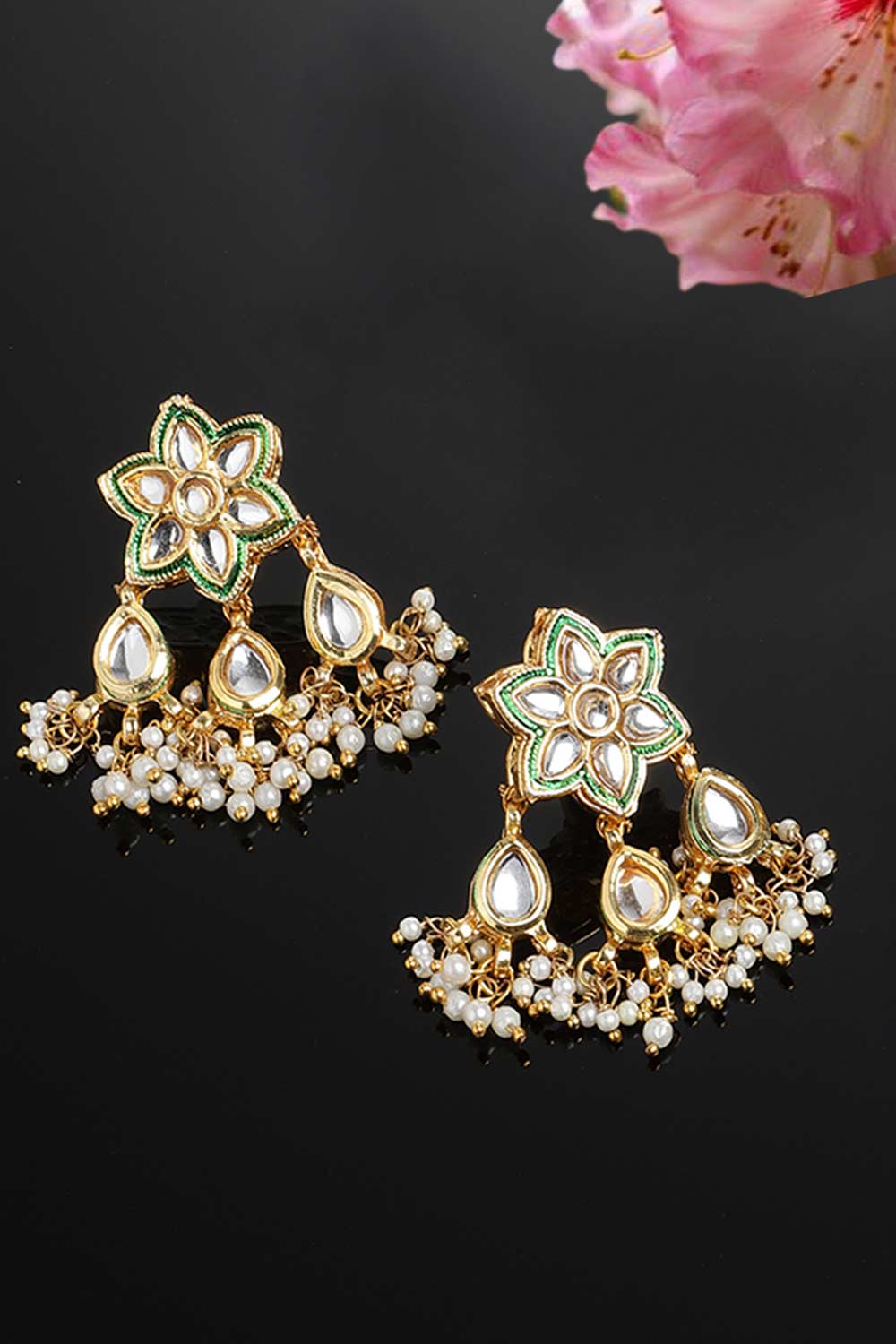 Shop Fathma Green & Gold Flower Kundan with Pearls Drop Earrings at best offer at our  Store - One Minute Saree