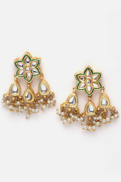Buy Fathma Green & Gold Flower Kundan with Pearls Drop Earrings Online