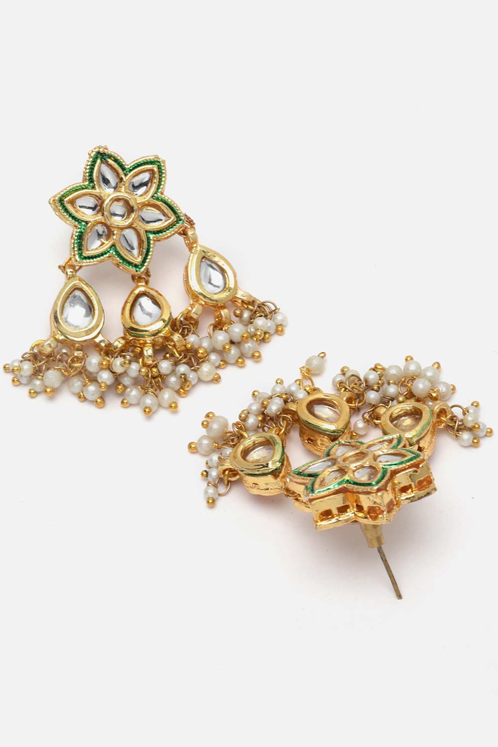 Buy Fathma Green & Gold Flower Kundan with Pearls Drop Earrings Online - Back