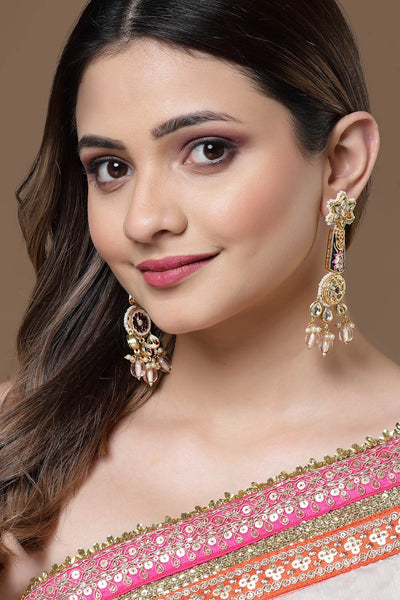 Buy Navya Pink & Blue  Kundan with Pearls Drop Earring Online - One Minute Saree