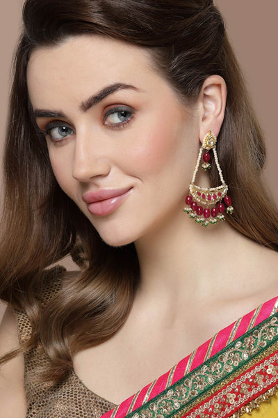 Buy Shrisha Red & Green Natural Stone Kundan with Pearls Drop Earrings Online - One Minute Saree