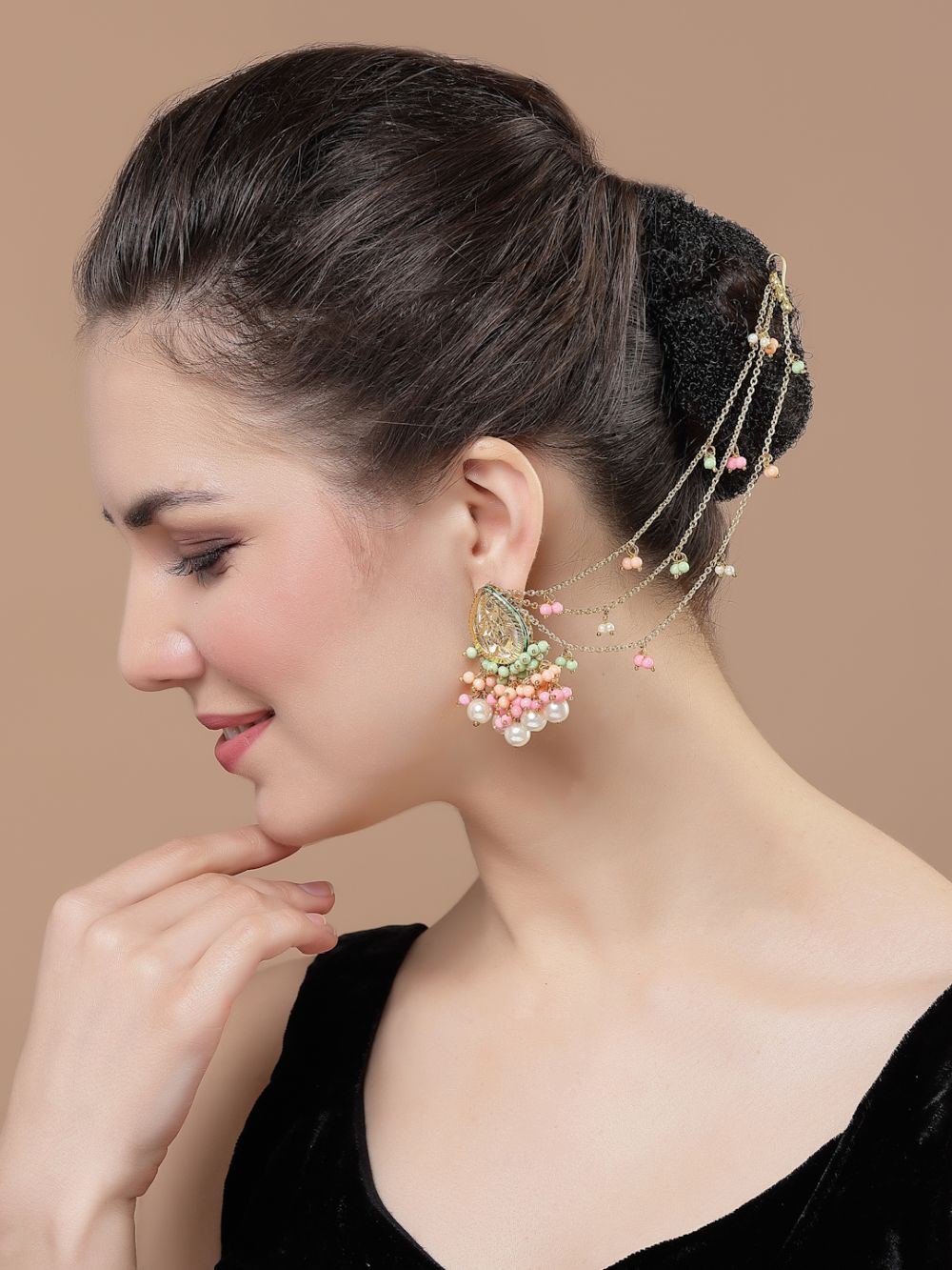 Buy Kiara Pink & Peach Kundan with Pearls Drop Earrings with Hair Chain Online - One Minute Saree