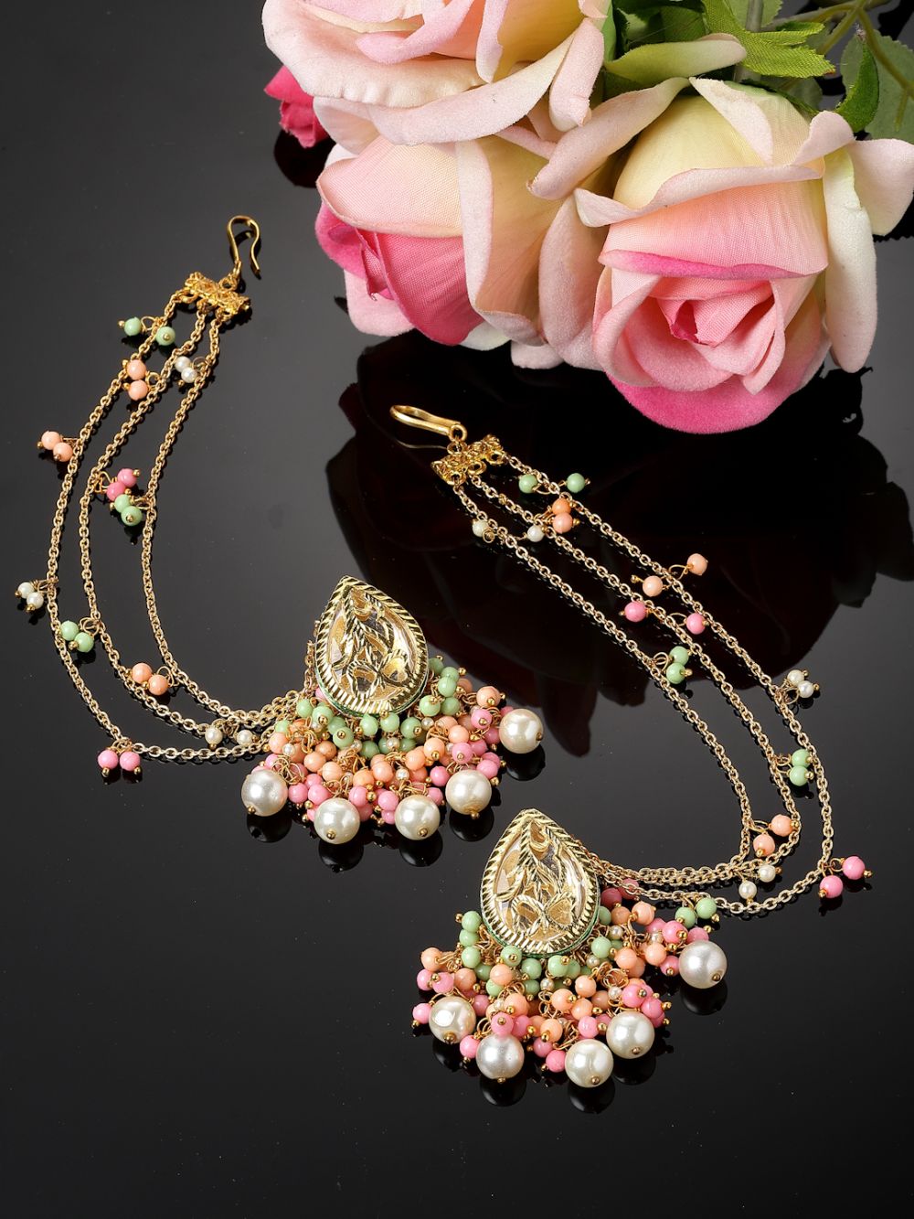 Shop Kiara Pink & Peach Kundan with Pearls Drop Earrings with Hair Chain at best offer at our  Store - One Minute Saree