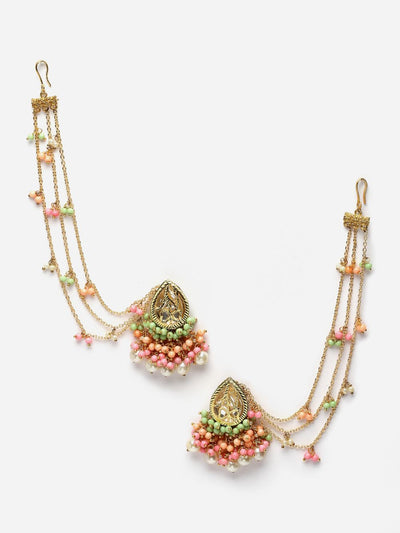 Buy Kiara Pink & Peach Kundan with Pearls Drop Earrings with Hair Chain Online