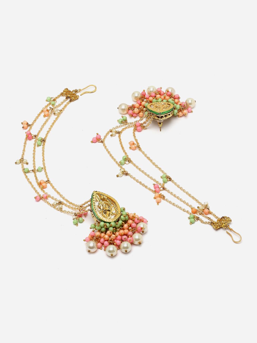 Buy Kiara Pink & Peach Kundan with Pearls Drop Earrings with Hair Chain Online - Back