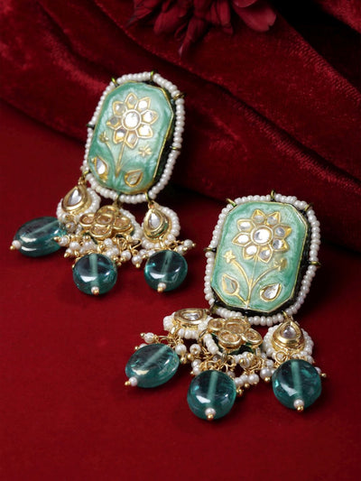 Shop Monira Turquoise & Gold Kundan with Pearls Drop Earrings at best offer at our  Store - One Minute Saree