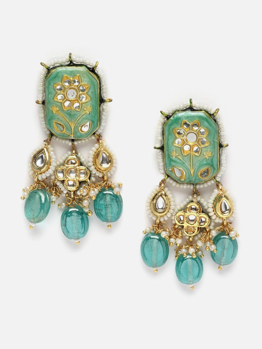 Buy Monira Turquoise & Gold Kundan with Pearls Drop Earrings Online