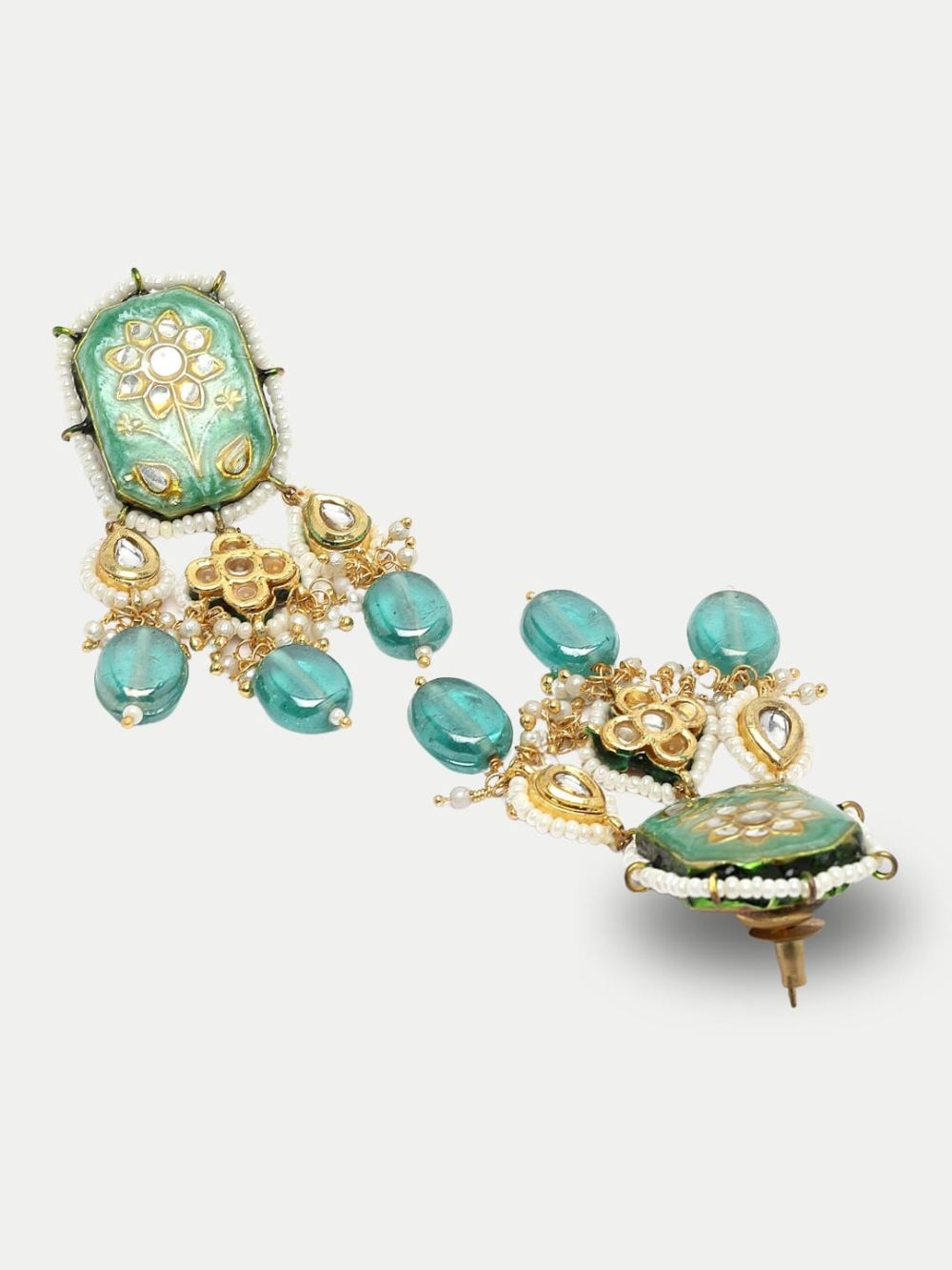 Buy Monira Turquoise & Gold Kundan with Pearls Drop Earrings Online - Back