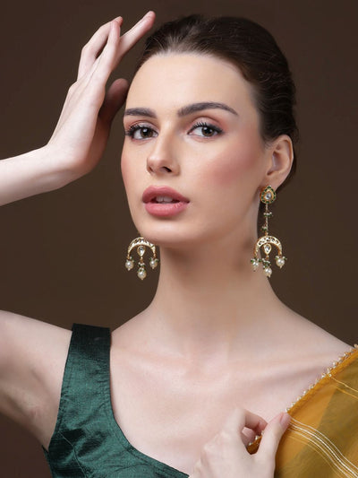 Buy Soorya Green & Cream Kundan And Pearl Drop Earrings Online - One Minute Saree