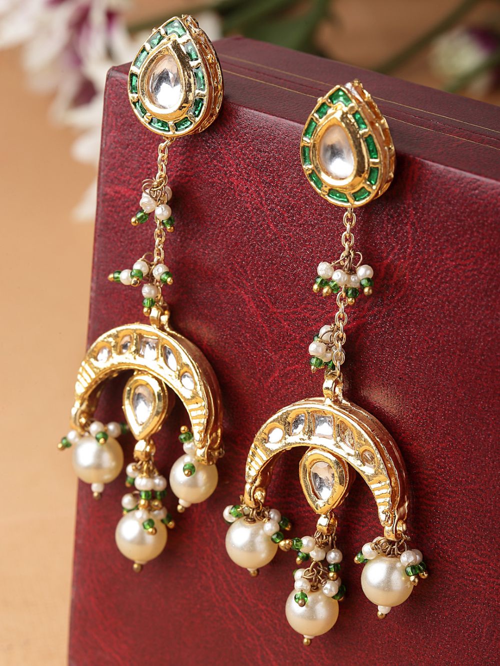 Shop Soorya Green & Cream Kundan And Pearl Drop Earrings at best offer at our  Store - One Minute Saree