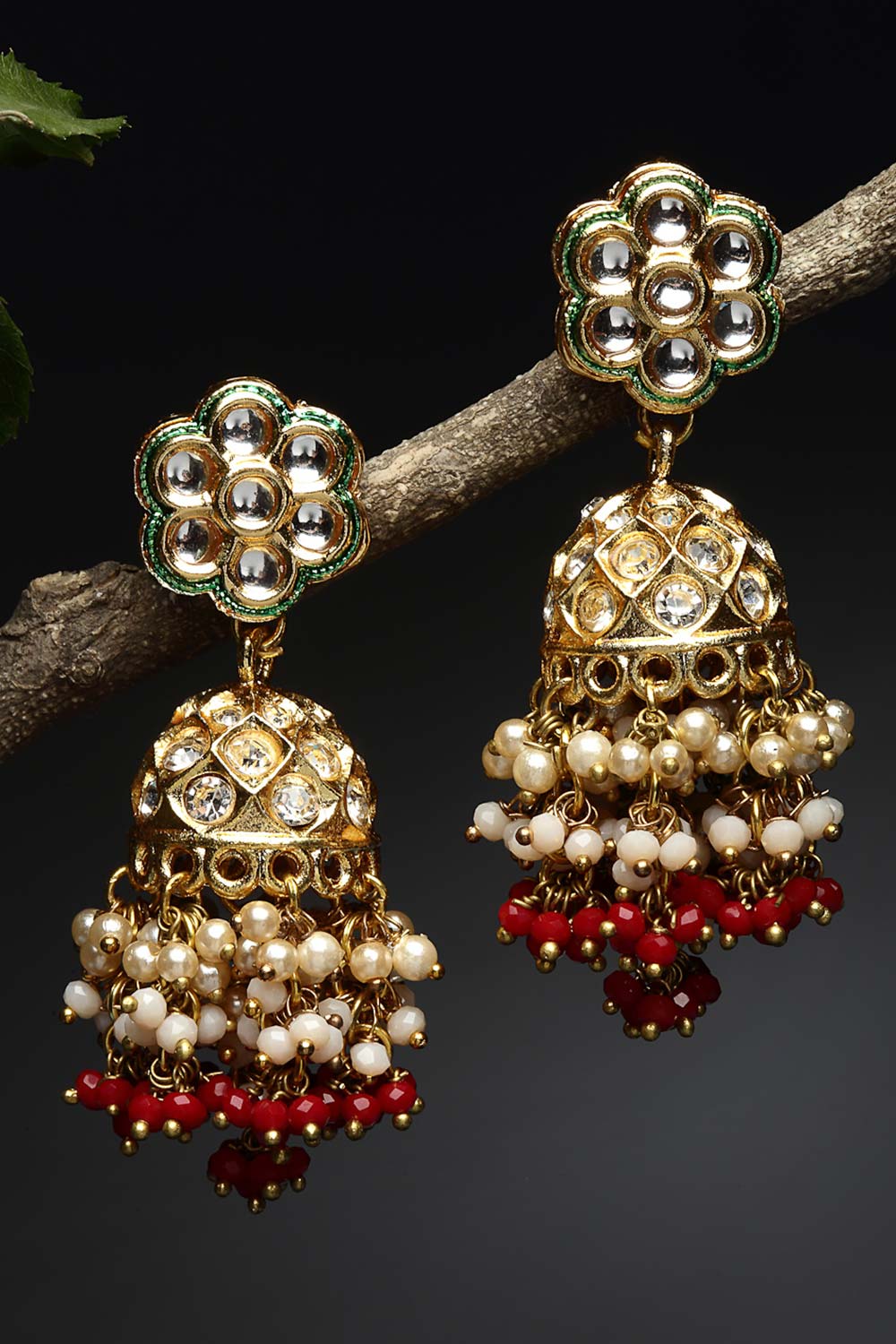 Shop Robena Red Stone with Gold-Plated Kundan Diamonds & Pearls Jhumka Earrings at best offer at our  Store - One Minute Saree