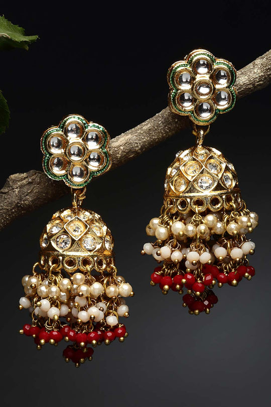 Shop Robena Red Stone with Gold-Plated Kundan Diamonds & Pearls Jhumka Earrings at best offer at our  Store - One Minute Saree