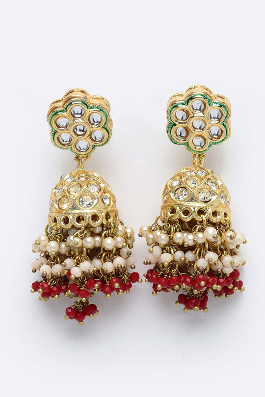Buy Robena Red Stone with Gold-Plated Kundan Diamonds & Pearls Jhumka Earrings Online