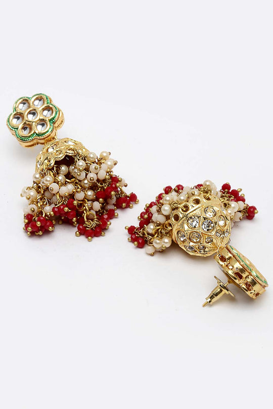 Buy Robena Red Stone with Gold-Plated Kundan Diamonds & Pearls Jhumka Earrings Online - Back