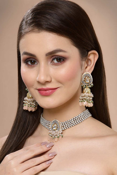 Buy Ilena Pink & Grey Gold-Plated Kundan with American Diamonds Jhumka Earrings Online