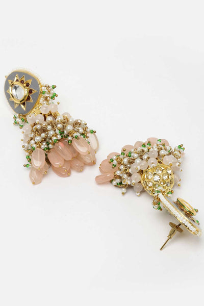 Buy Ilena Pink & Grey Gold-Plated Kundan with American Diamonds Jhumka Earrings Online - Back