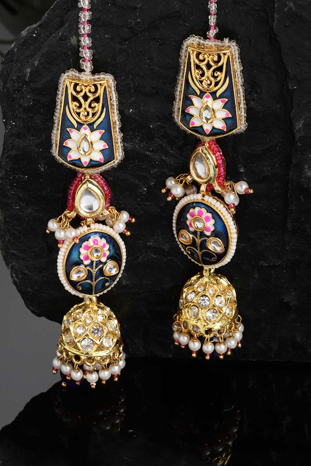 Shop Neri Blue & Pink Kundan with American Diamonds Jhumka Earrings with Hair Chain at best offer at our  Store - One Minute Saree