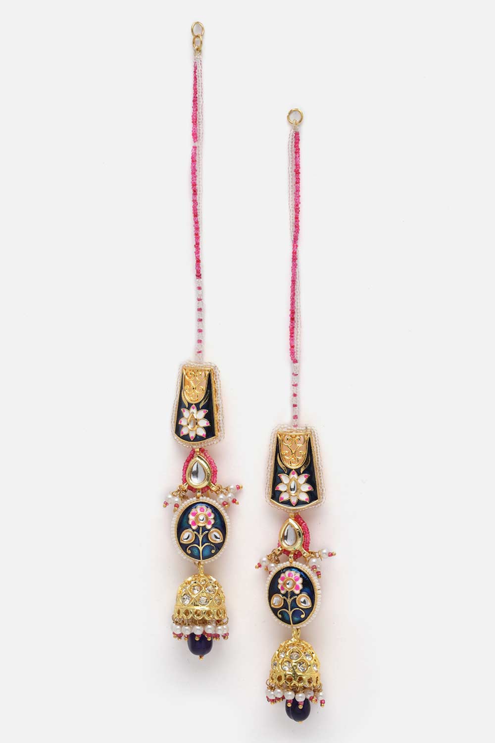 Buy Neri Blue & Pink Kundan with American Diamonds Jhumka Earrings with Hair Chain Online