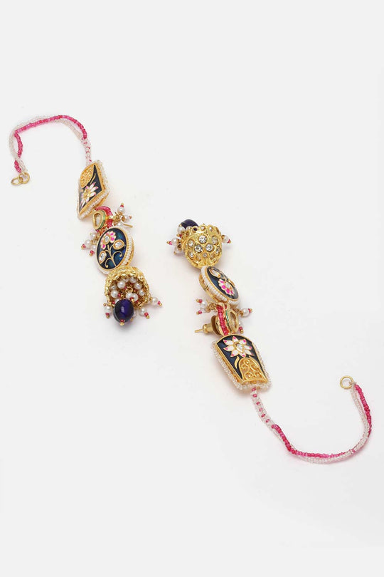 Buy Neri Blue & Pink Kundan with American Diamonds Jhumka Earrings with Hair Chain Online - Back