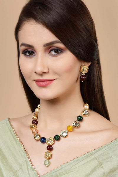 Buy Siyara Red & Blue Gold-Plated Kundan with Pearls Bead Necklaces Online