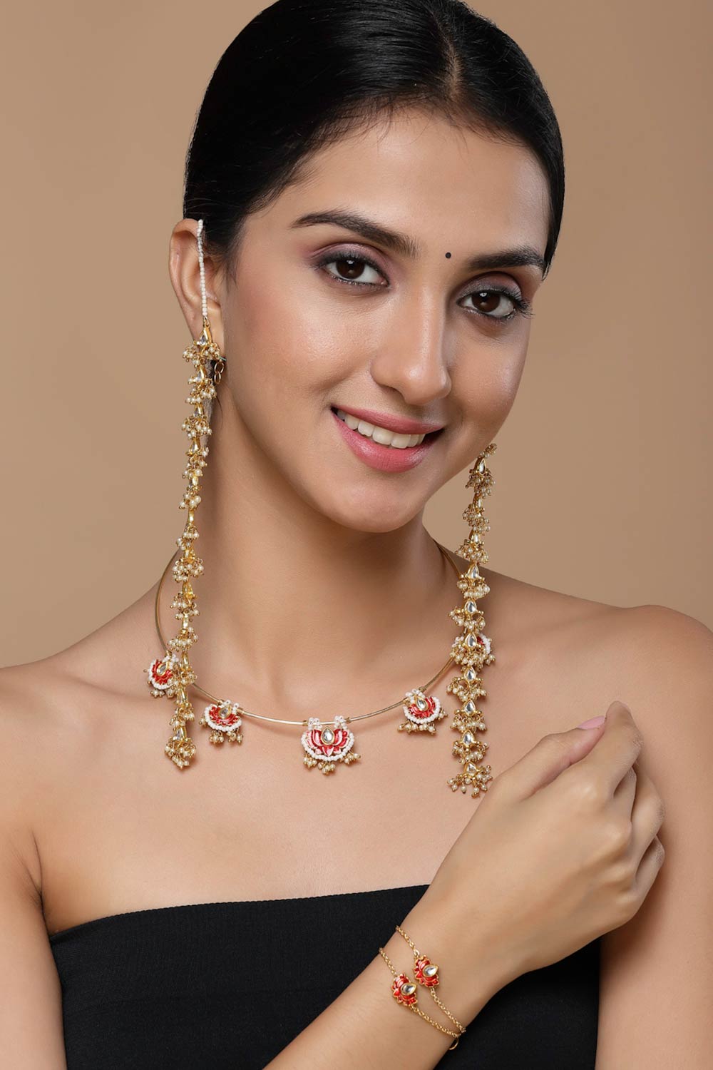 Shop Alohi Red & Gold Kundan with Pearls Lotus Necklace at best offer at our  Store - One Minute Saree