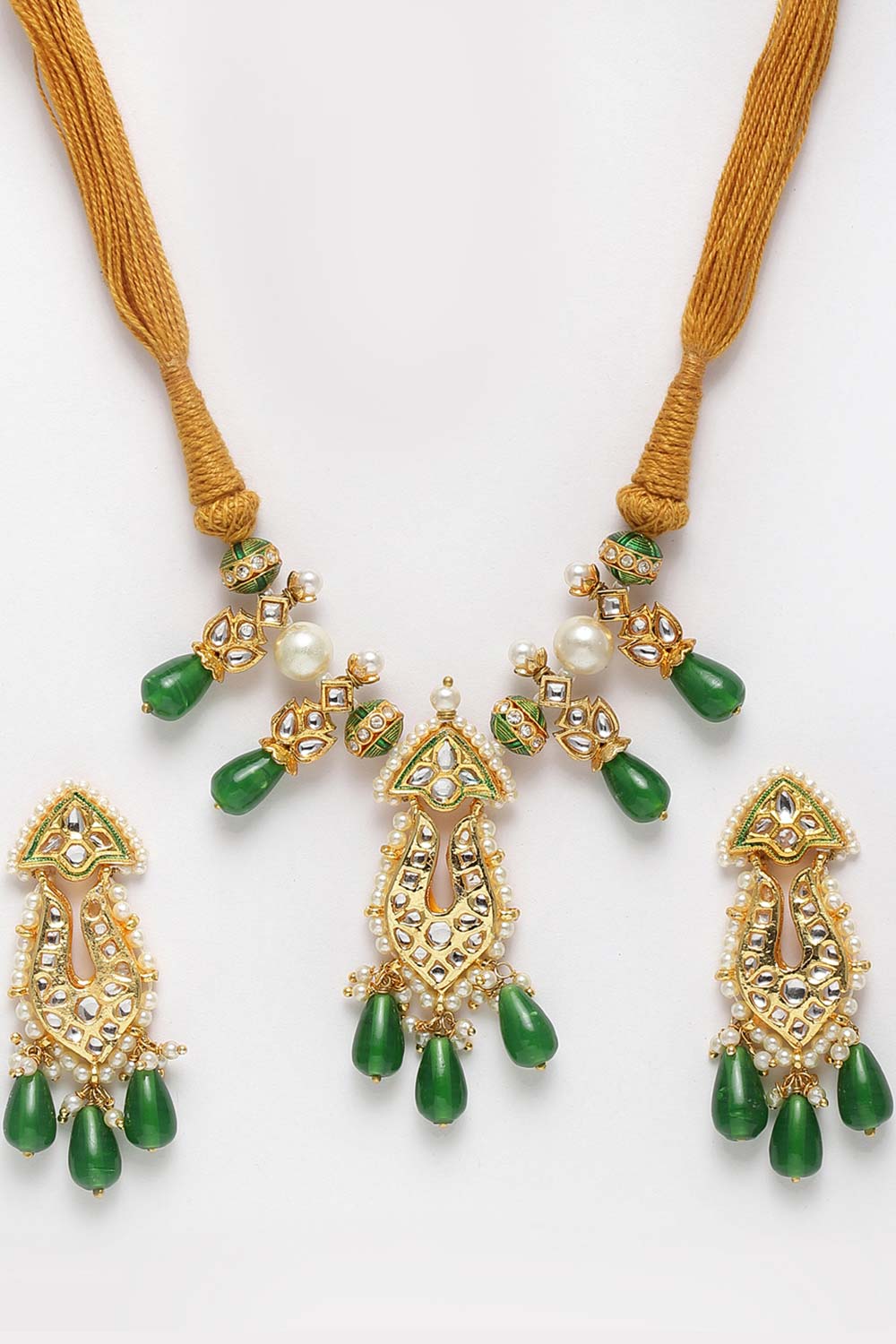 Buy Bhaswati Green & Orange Gold-Plated Kundan with Pearls Necklace and Earrings Set Online - Back