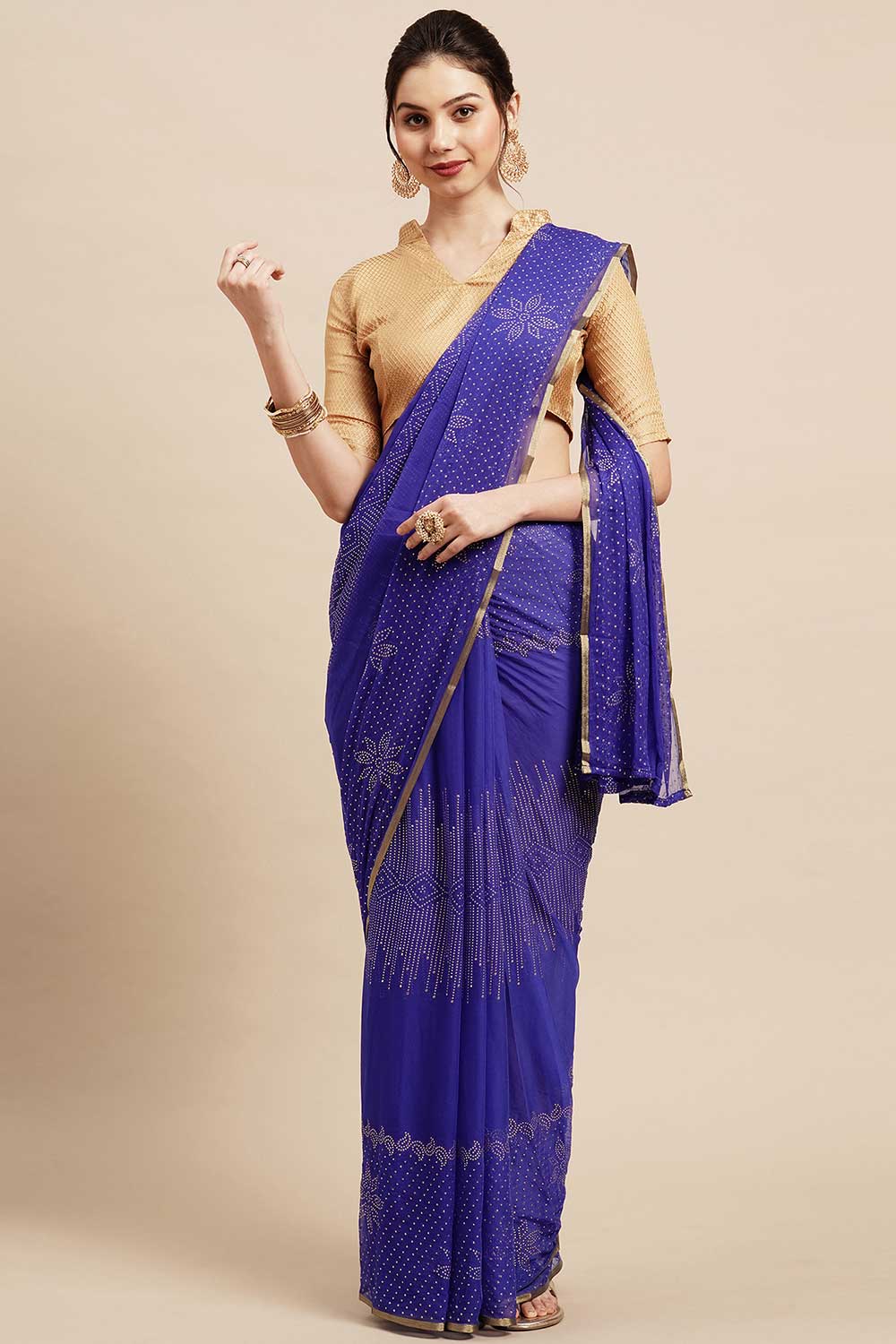 Buy Lorie Blue Chiffon Floral Embellished One Minute Saree Online - One Minute Saree