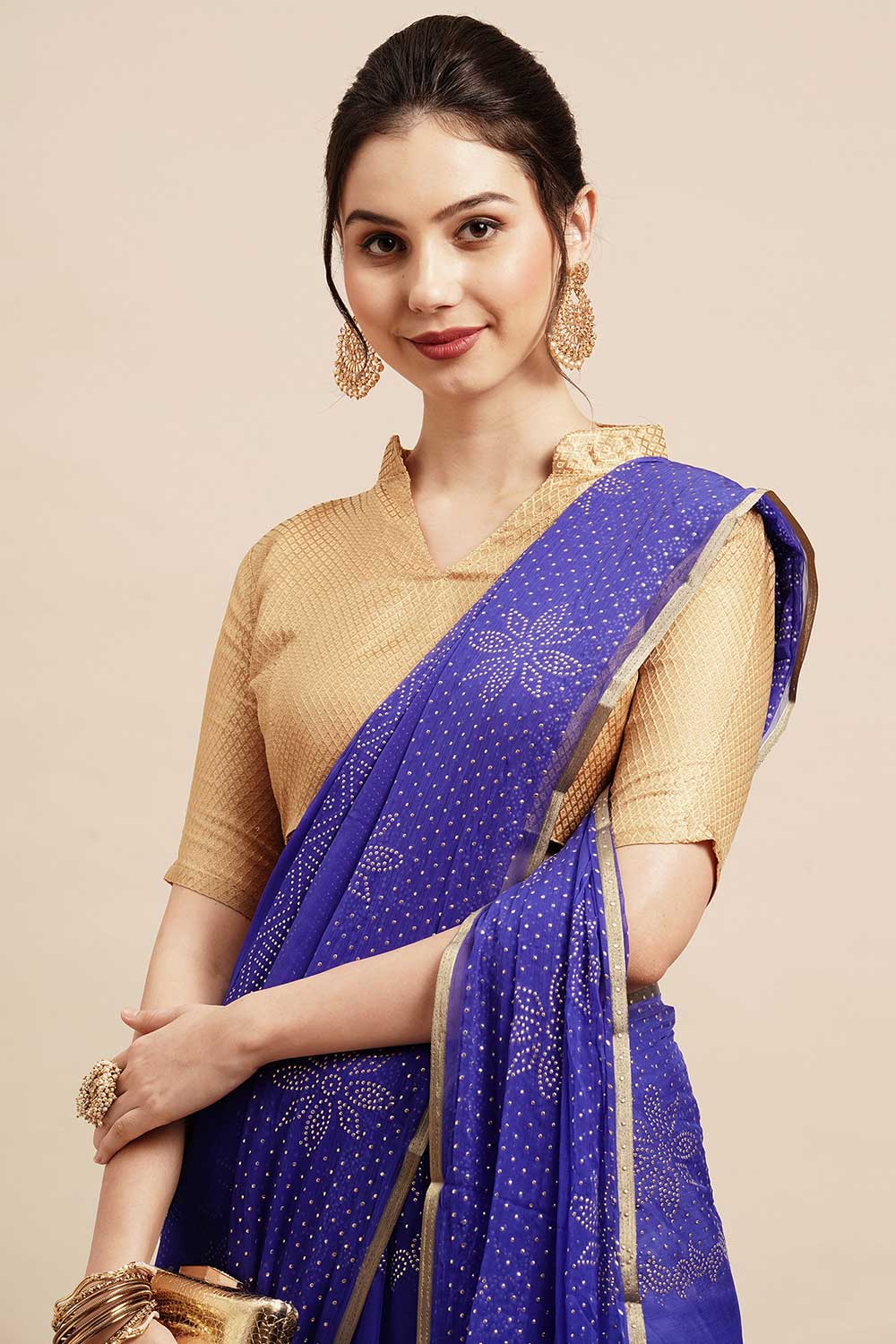 Buy Lorie Blue Chiffon Floral Embellished One Minute Saree Online