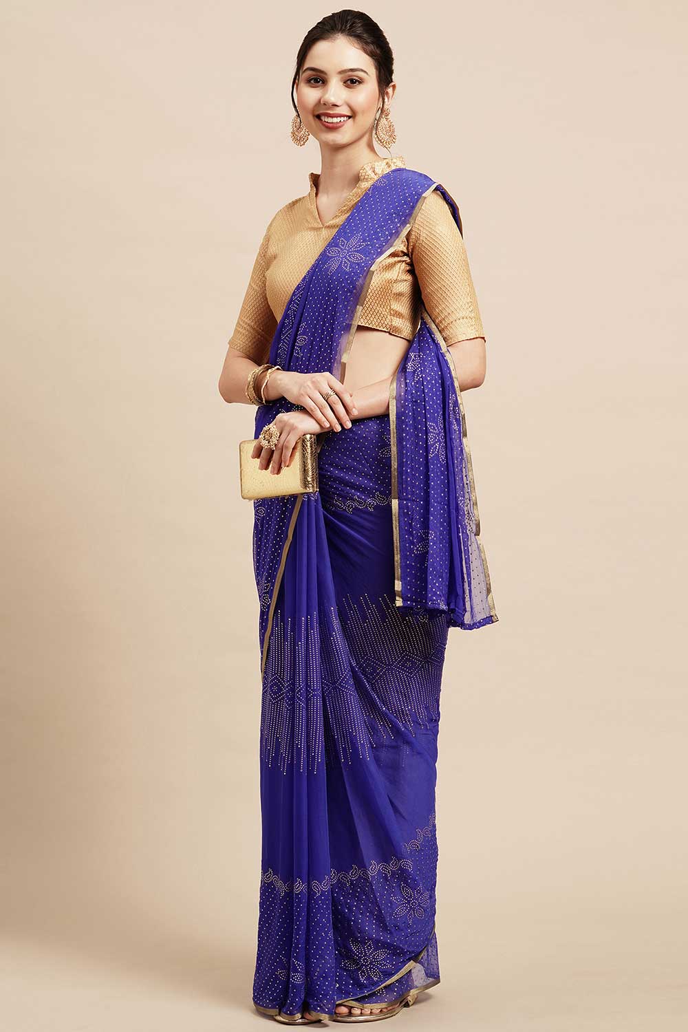 Buy Lorie Blue Chiffon Floral Embellished One Minute Saree Online - Back