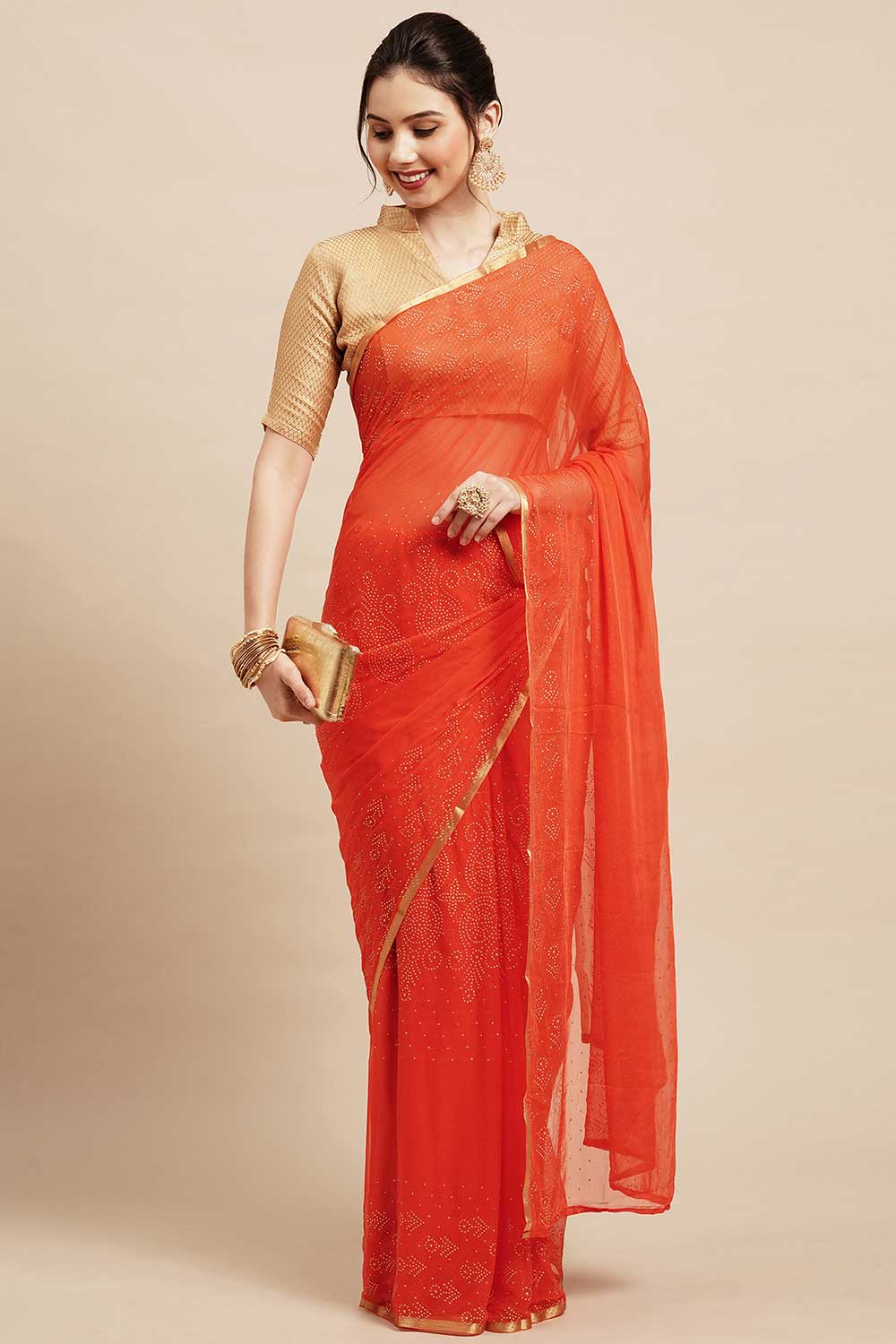 Buy Sita Orange Chiffon Floral Embellished One Minute Saree Online - One Minute Saree