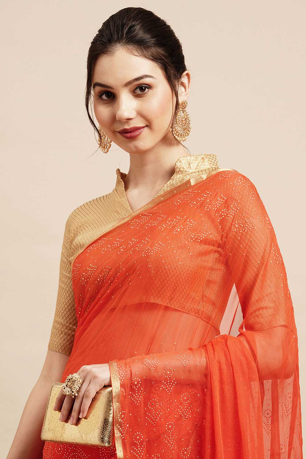 Buy Sita Orange Chiffon Floral Embellished One Minute Saree Online