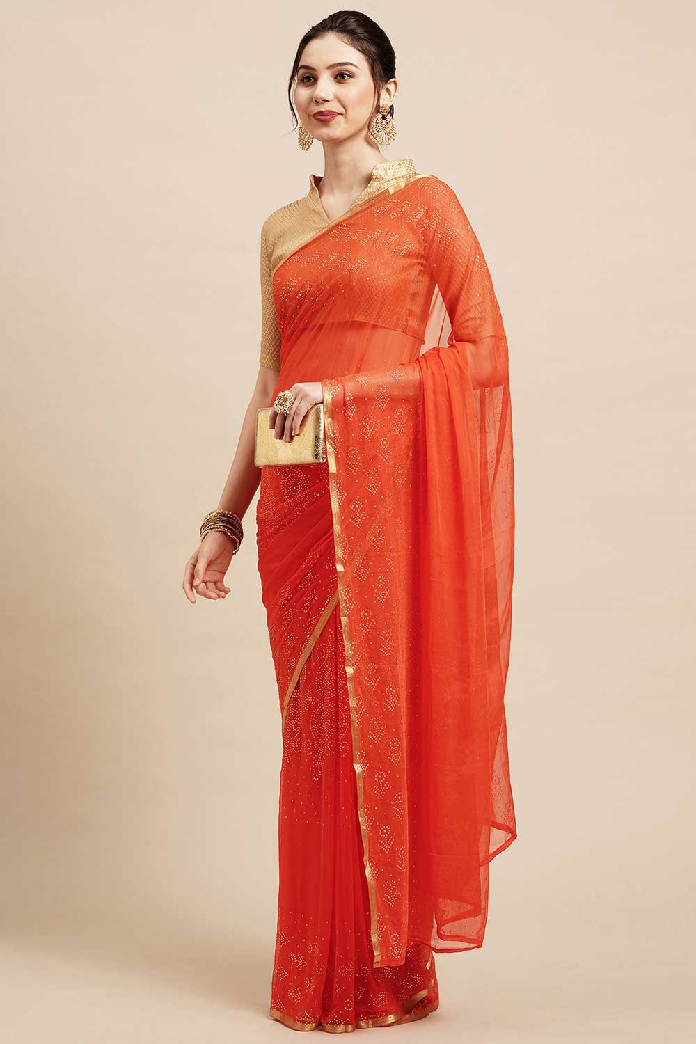Buy Sita Orange Chiffon Floral Embellished One Minute Saree Online - Back