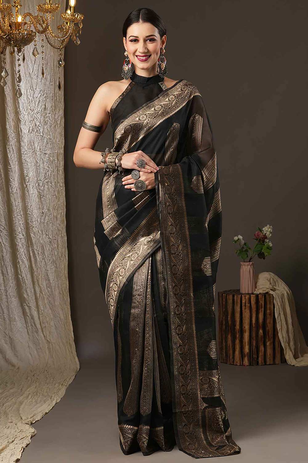 Buy Mindy Black Cotton Silk Striped Woven Design Banarasi One Minute Saree Online - One Minute Saree