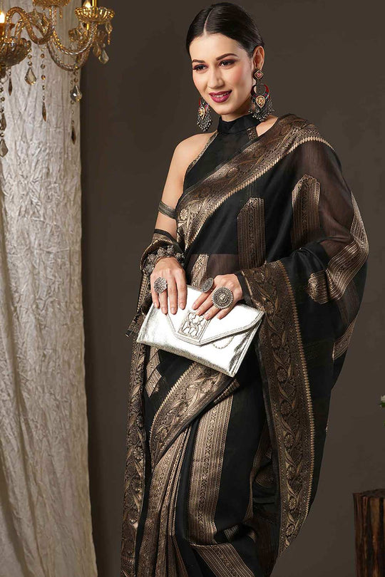 Buy Mindy Black Cotton Silk Striped Woven Design Banarasi One Minute Saree Online - Front
