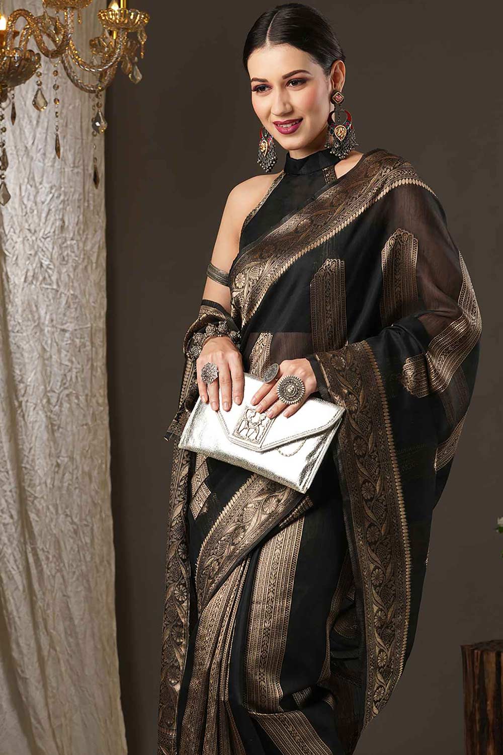 Buy Mindy Black Cotton Silk Striped Woven Design Banarasi One Minute Saree Online - Front