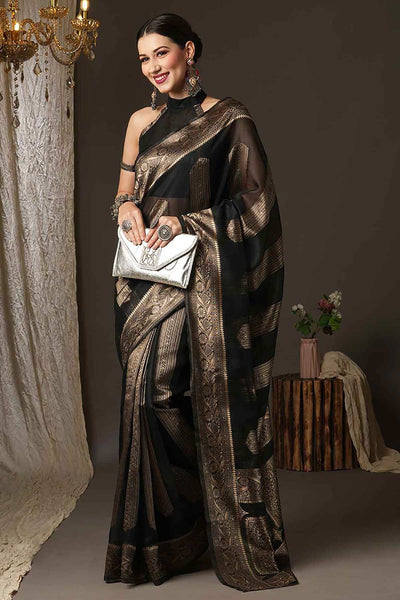 Buy Mindy Black Cotton Silk Striped Woven Design Banarasi One Minute Saree Online - Side