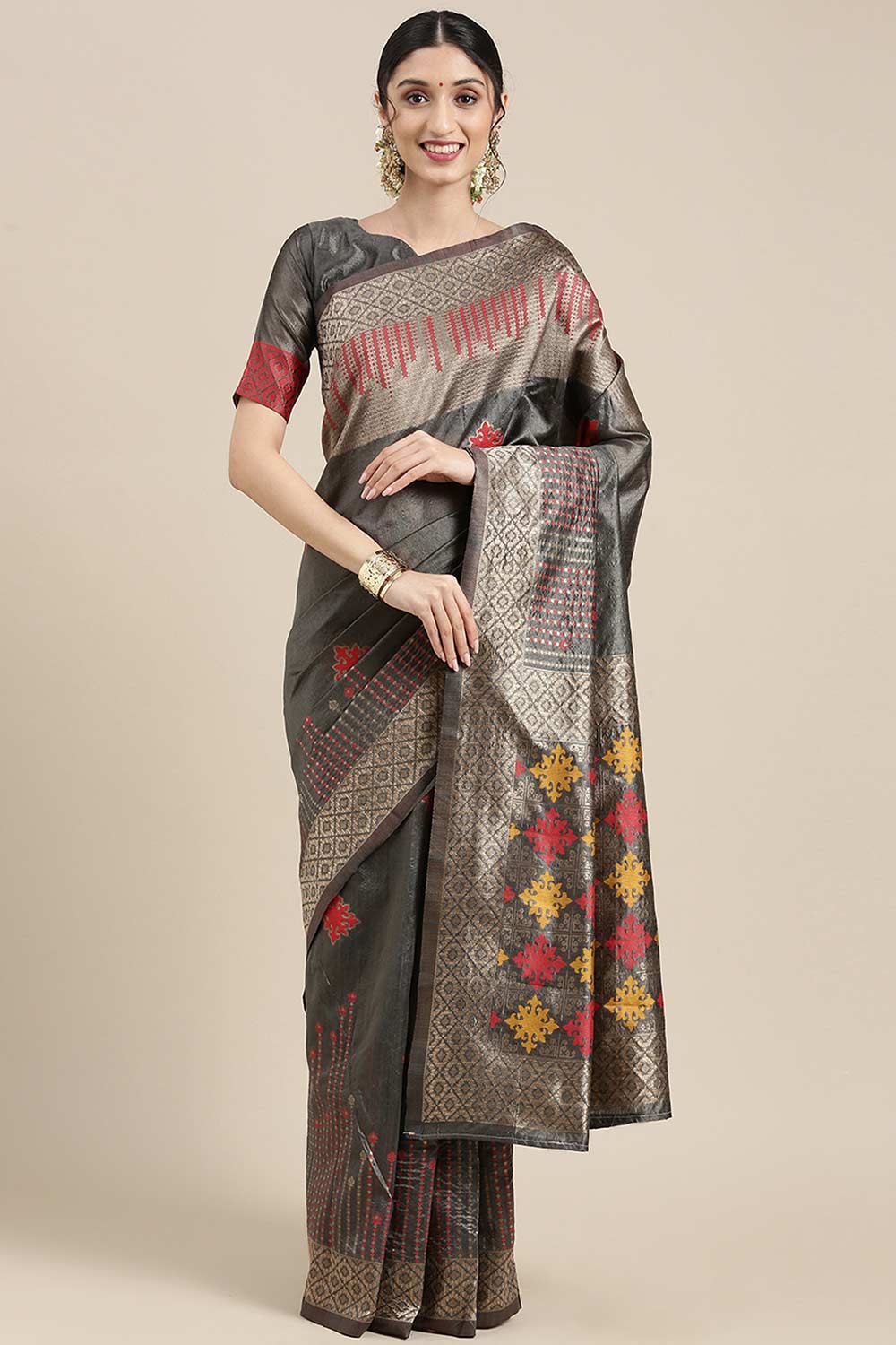 Buy Daphne Grey Silk Blend Banarasi One Minute Saree Online - One Minute Saree