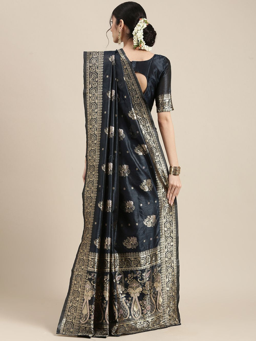 Shop Monica Grey Silk Blend Banarasi One Minute Saree at best offer at our  Store - One Minute Saree
