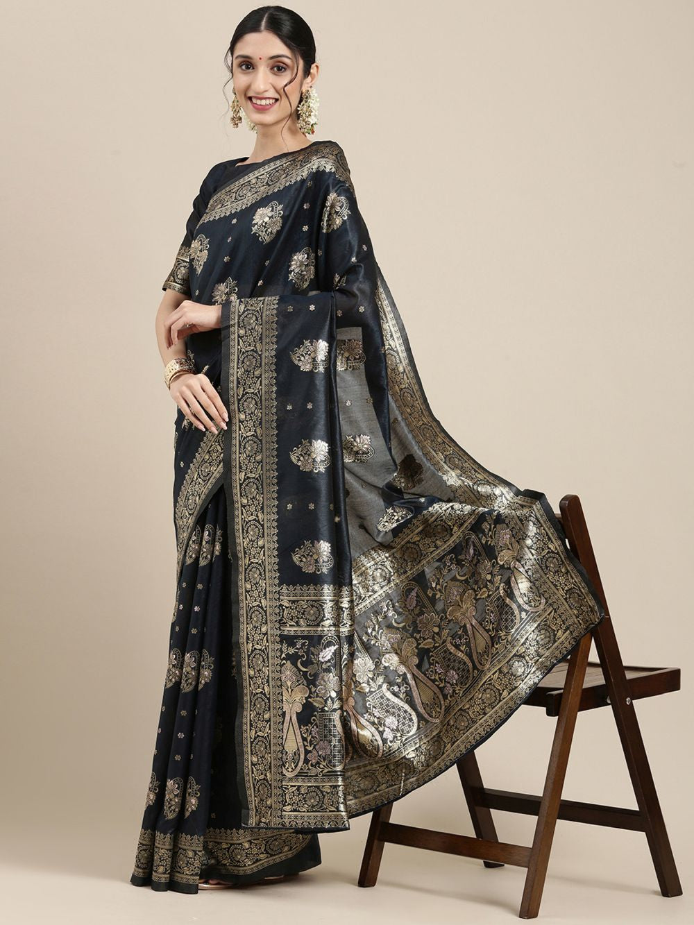 Buy Monica Grey Silk Blend Banarasi One Minute Saree Online