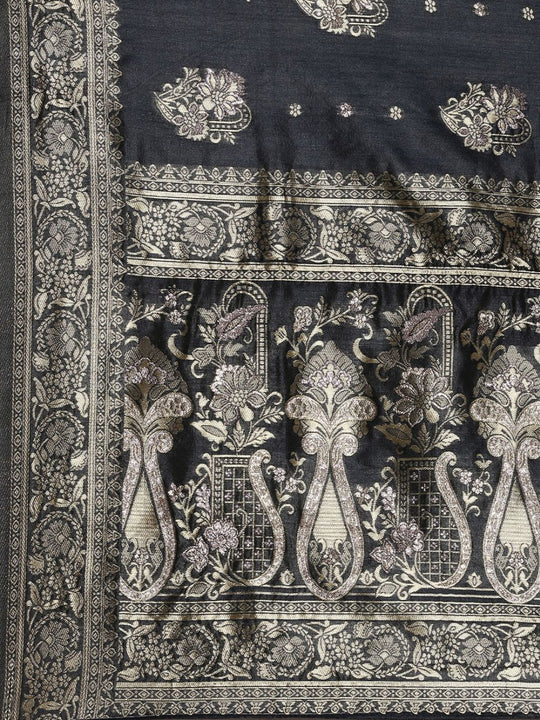 Buy Monica Grey Silk Blend Banarasi One Minute Saree Online - Back