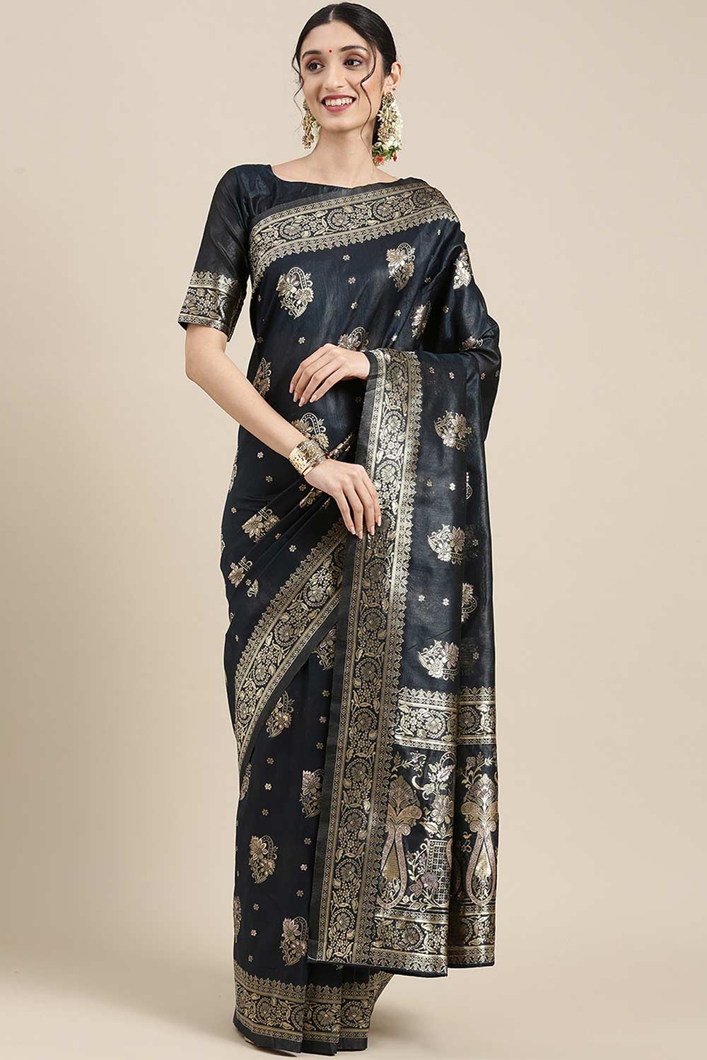 Buy Monica Grey Silk Blend Banarasi One Minute Saree Online - One Minute Saree