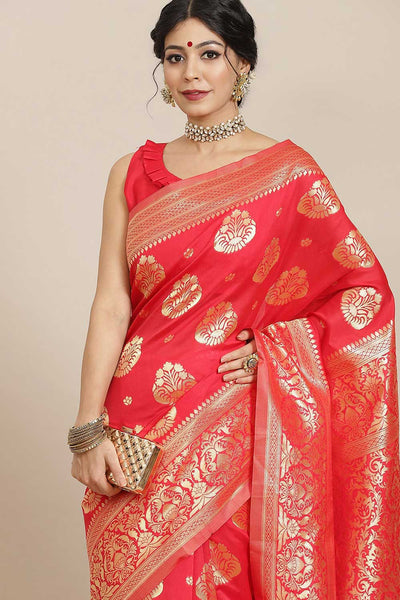 Buy Saliya Red Silk Blend Bagh Dharmavaram One Minute Saree Online - One Minute Saree