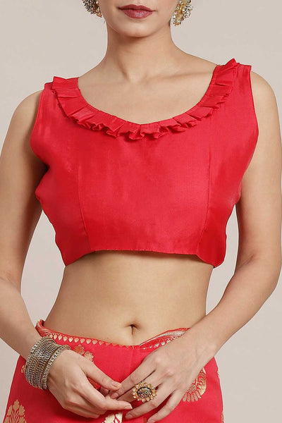 Buy Saliya Red Silk Blend Bagh Dharmavaram One Minute Saree Online - Front