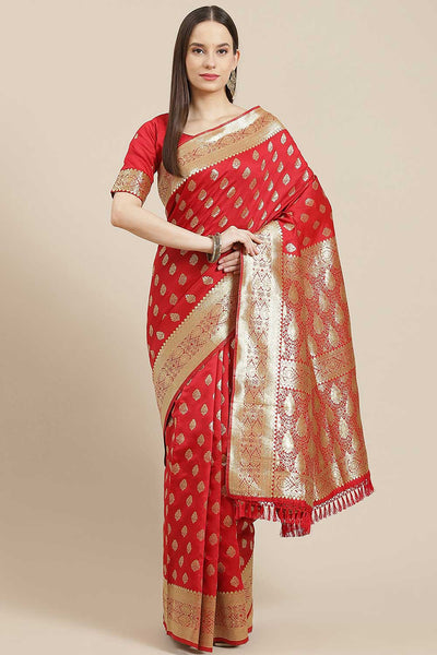 Buy Sophie Red Silk Blend Floral Woven Design Dharmavaram One Minute Saree Online - One Minute Saree